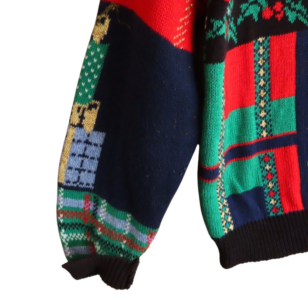 VTG SWEATER LOFT Christmas Cardigan COLORBLOCK PLAID SANTA Heart Buttons SIZE L - Picture 4 of 7